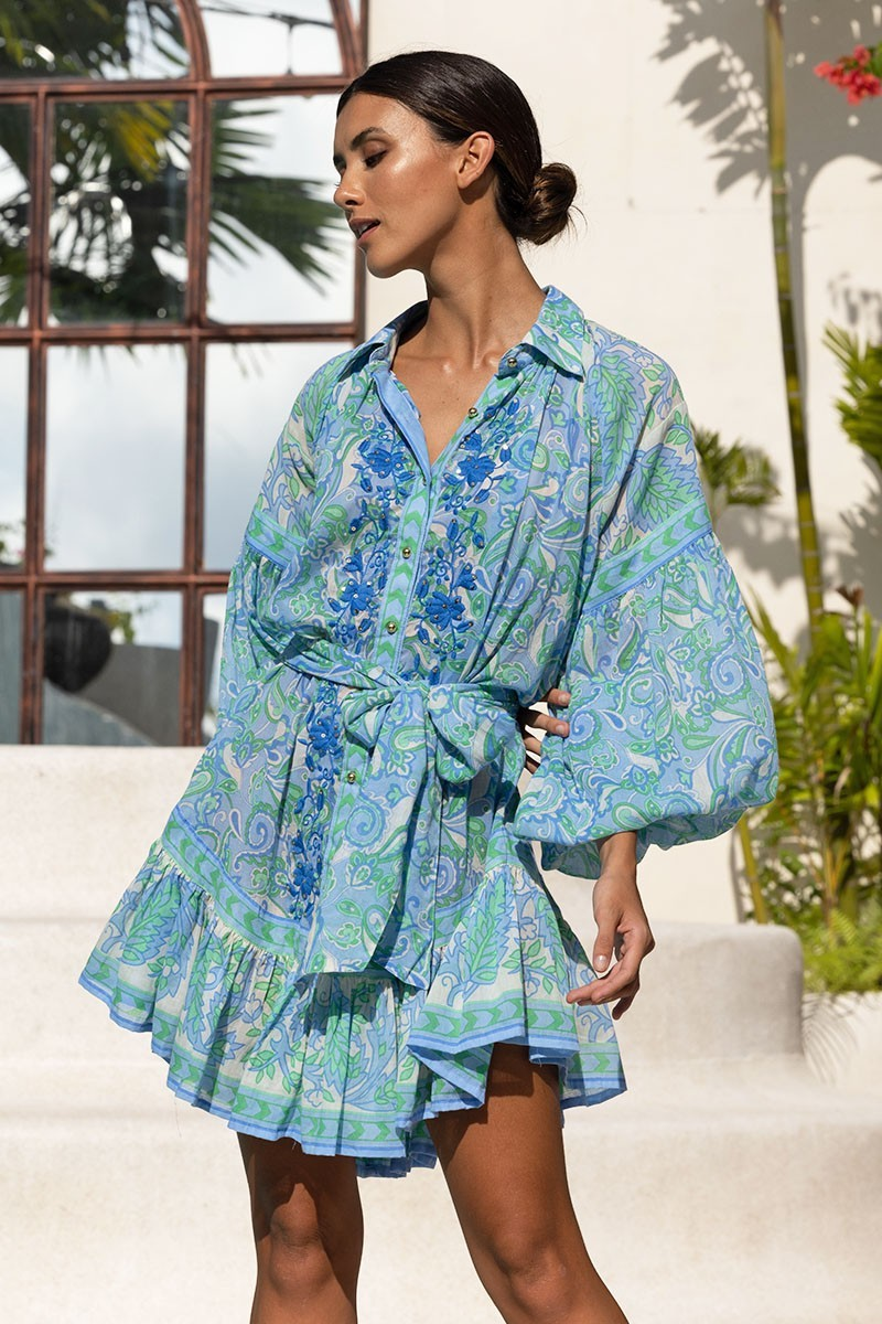 Mini Shirt Dress with Floral Embroidery