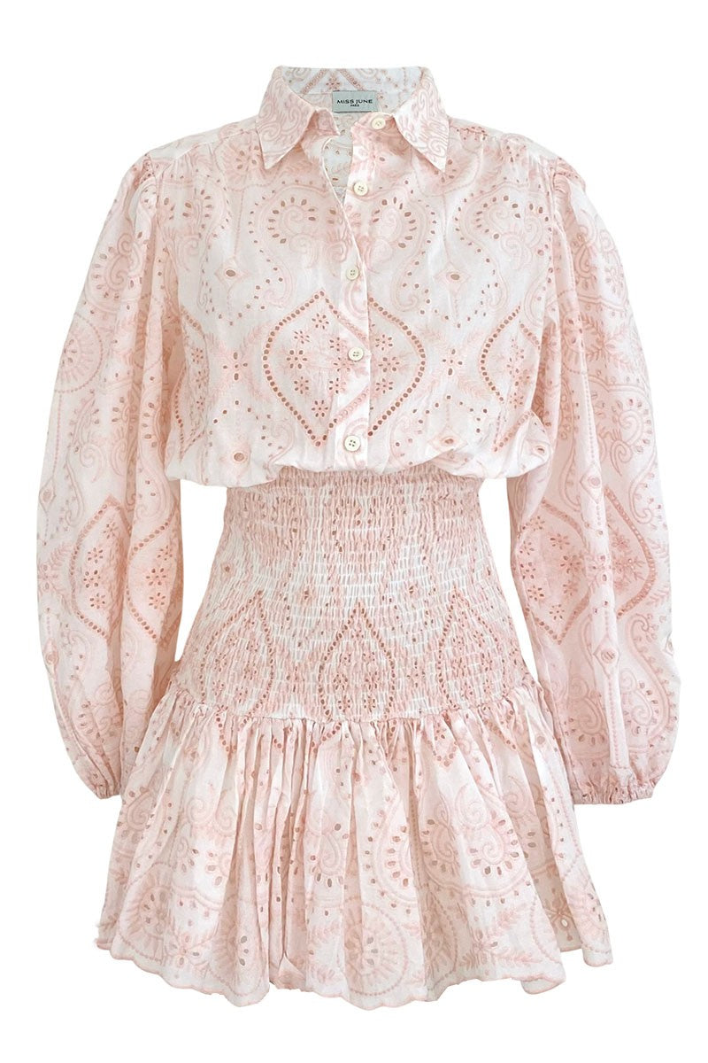 Broderie Mini Dress in White/Pink