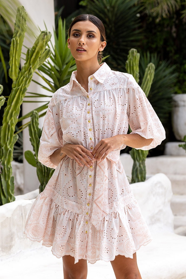 Close-up of the Collared Neckline and Gold Button Detail