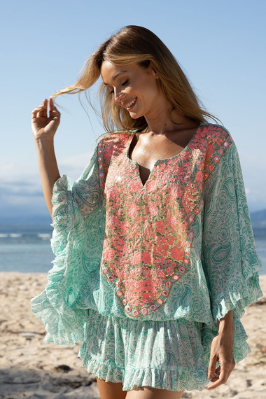 Kaftan Mini Dress in Aqua/Pink