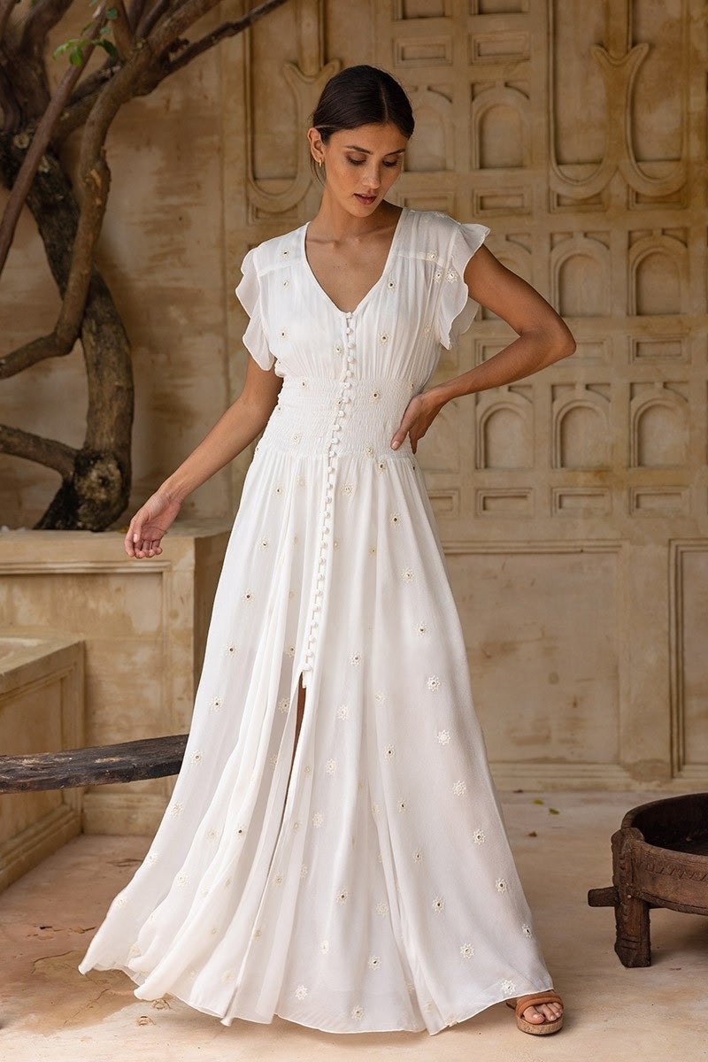 White Boho Dress with Embroidered Detail
