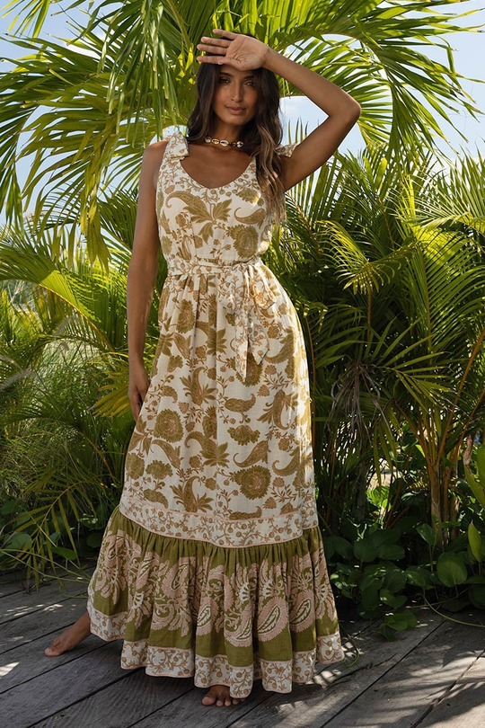 Load image into Gallery viewer, Paisley Maxi Dress in Cream/Khaki
