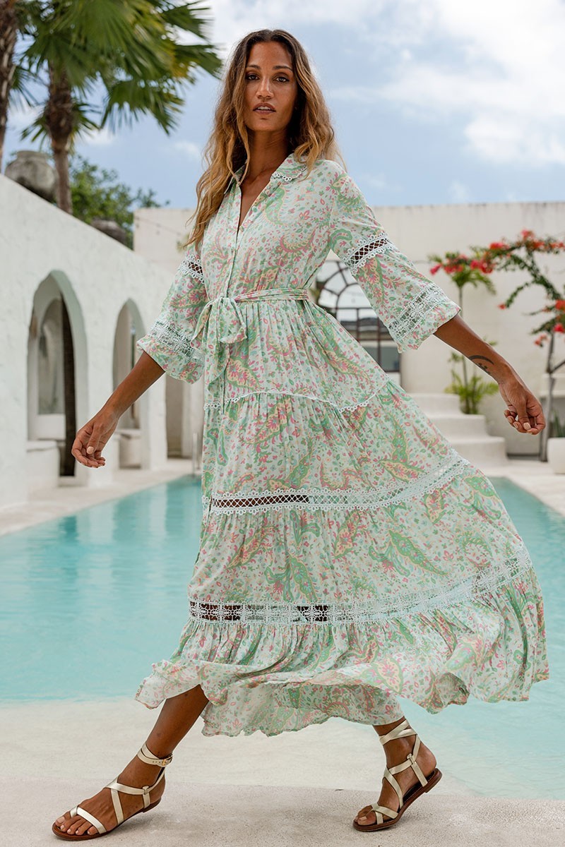 chinese dress ladies Button Down Dress Maxi with Inset Lace