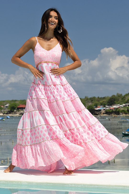 Load image into Gallery viewer, Pink Tiered Maxi Dress
