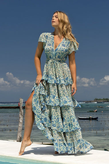 Tiered Maxi Dress with Blue Floral Print