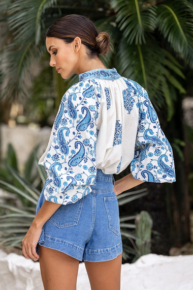 Puff Sleeve Top in Cream/Blue - ONE SIZE - Top