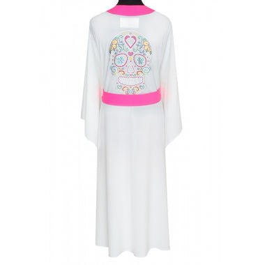 White Long Kimono Skull In Neon Pink - Kaftan