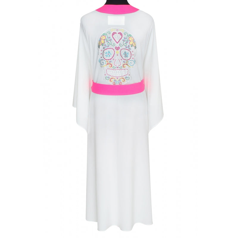 Load image into Gallery viewer, White Long Kimono Skull In Neon Pink - Kaftan
