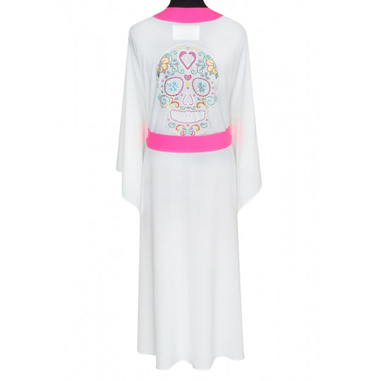 White Long Kimono Skull In Neon Pink - Kaftan