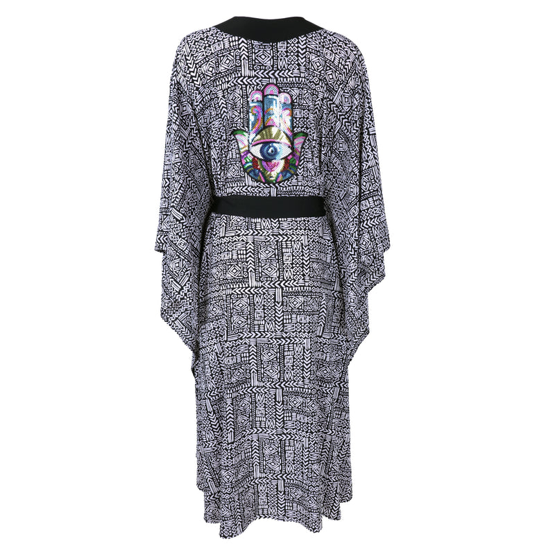 Tribal Black Mayan Long Kimono Hamsa