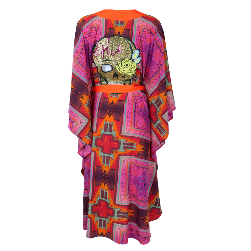 Tribal Pink Long Kimono Skull Neon Orange