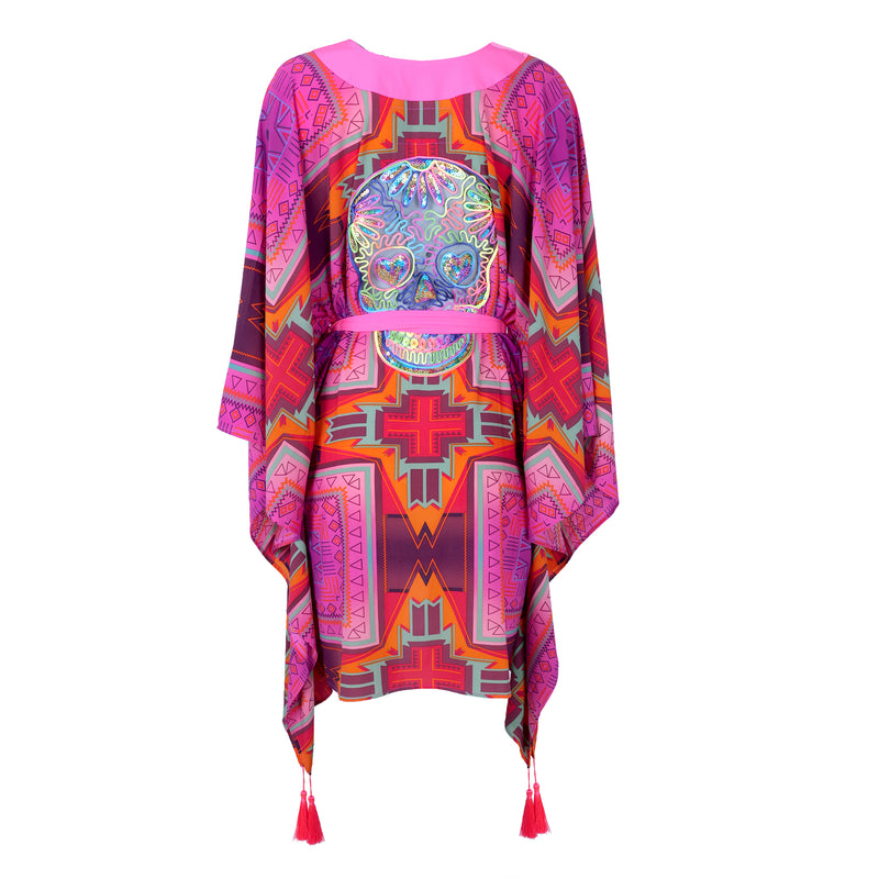 Tribal Pink Midi Kimono Skull Neon Pink