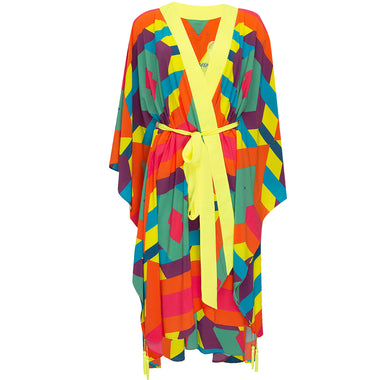 Tribal Colorful Kimono Wings In Neon Yellow Long - Kaftan