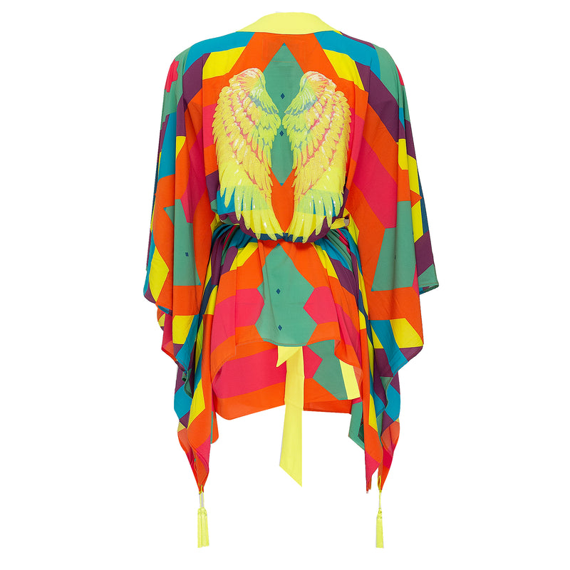 Tribal Colorful Mayan Short Kimono Wings In Neon Yellow