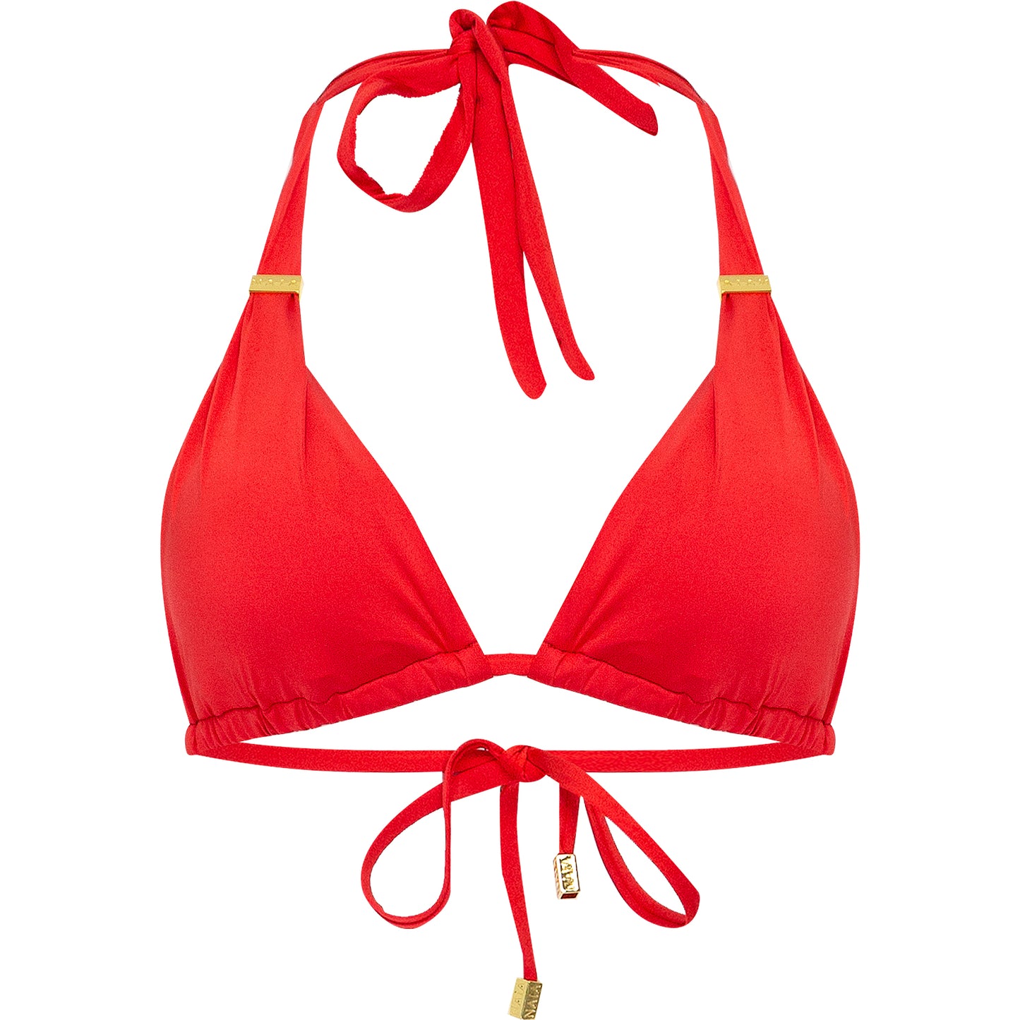 Load image into Gallery viewer, Red Halter Bikini Top with Naia Gold Hardware
