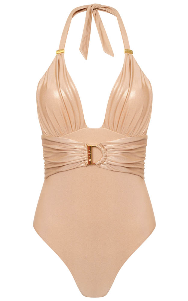 Load image into Gallery viewer, One Piece Swimsuit with Naia Signature Gold Trims
