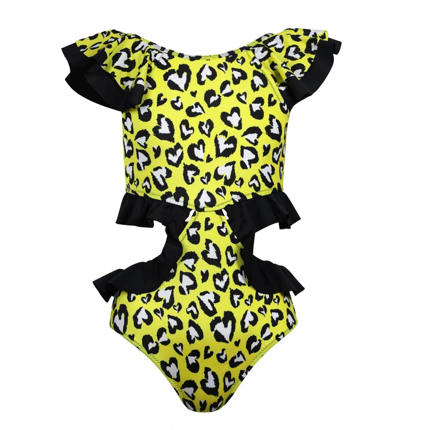 Girls Wearing Heart Print Swimsuit with Ruffles