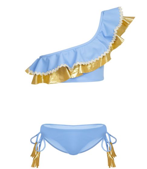 Nessi Byrd Scilla Gold Ruffle One Shoulder Bikini