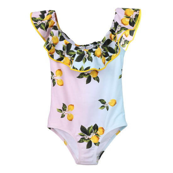 Load image into Gallery viewer, Lemon Print Frill Swimsuit for Girls
