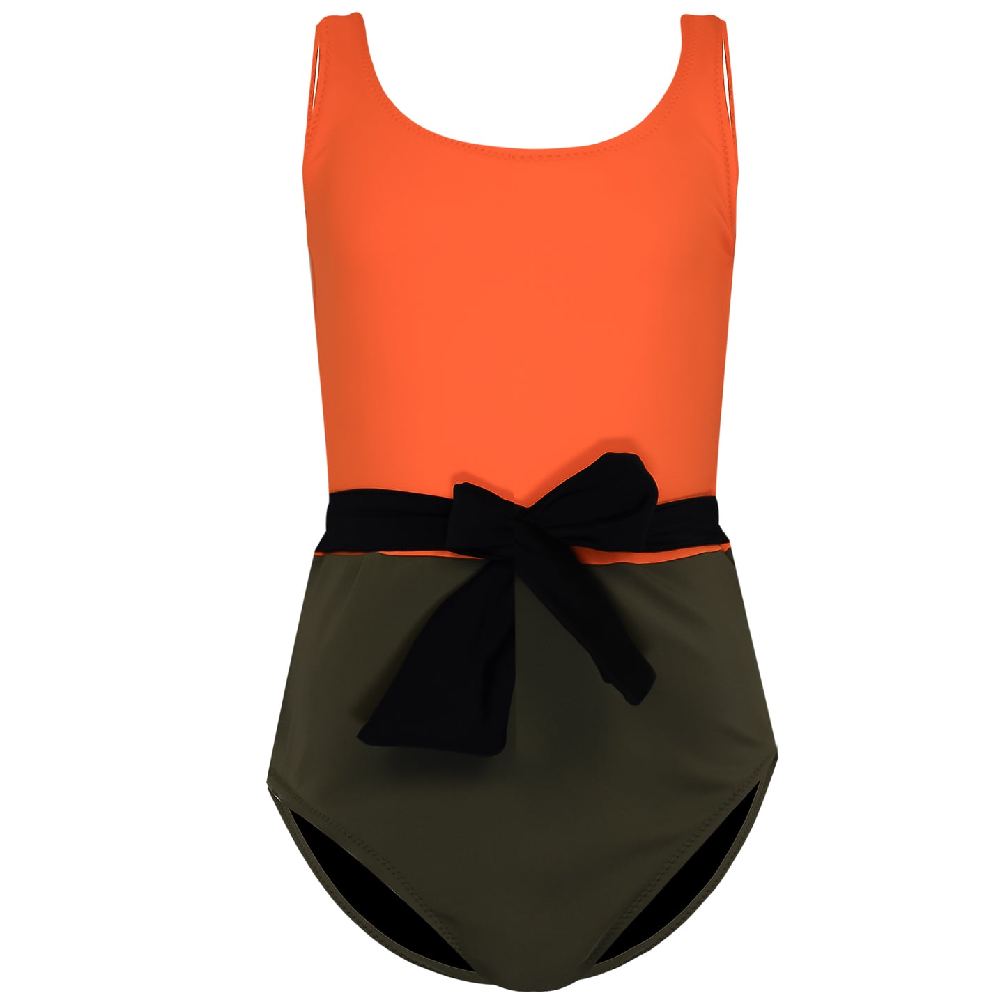 Load image into Gallery viewer, Girls Scoop Back Swimsuit in Orange/Navy Green
