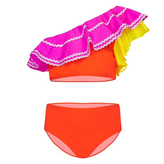 Load image into Gallery viewer, Girls Red Bikini Set Pink/Yellow Ruffles
