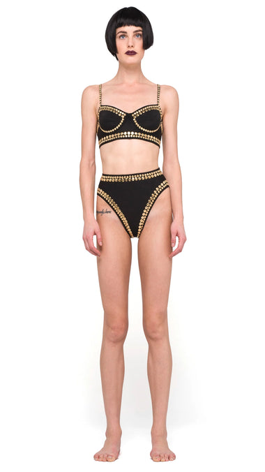 Black High Waisted Bikini Bottoms with Gold Stud