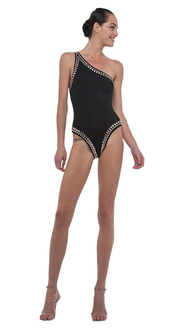 Black One Shoulder Swimsuit with Metal Studs