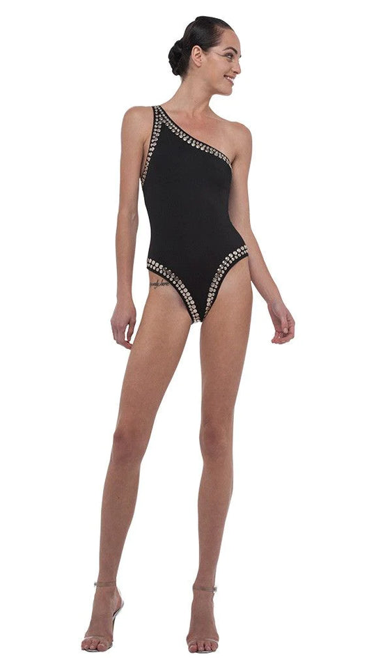 Black One Shoulder Swimsuit with Metal Studs Norma Kamali
