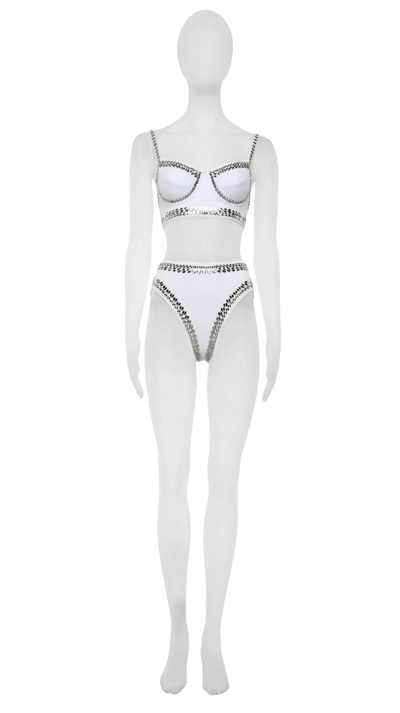 White Underwire Bikini Top with Metal Studs