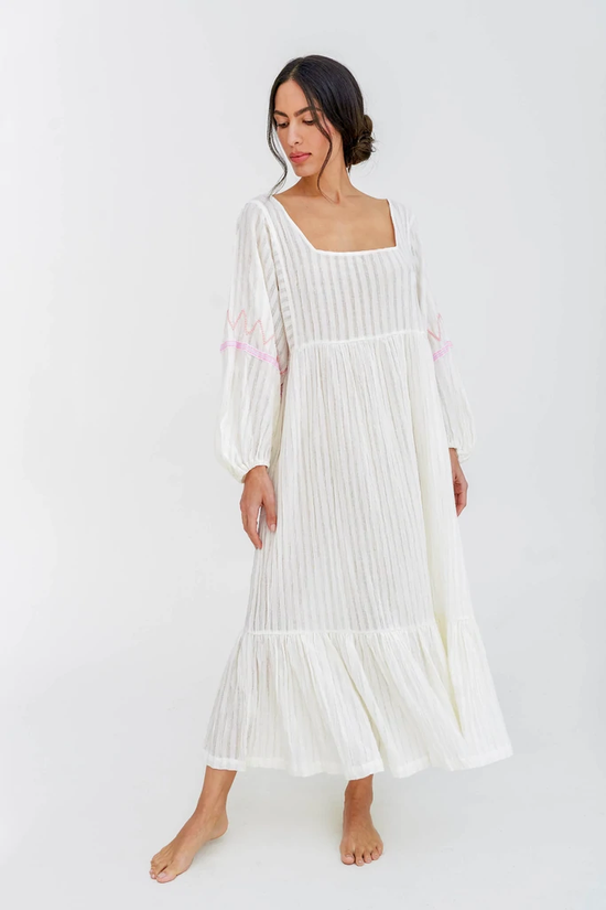 Load image into Gallery viewer, Woman gracefully adorning the Boho Chic White Midi Dress
