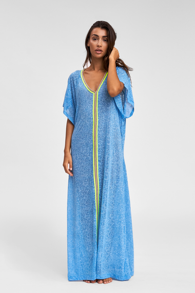 Woman donning Pitusa Inca Abaya Blue Beach Kaftan