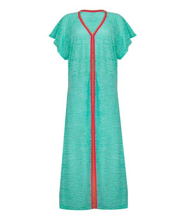 Close-up of Inca trim on Pitusa turquoise beach kaftan