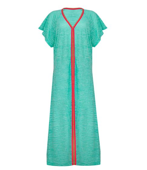 Load image into Gallery viewer, Close-up of Inca trim on Pitusa turquoise beach kaftan
