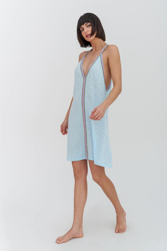 Light Blue Beach Cover Up Mini Dress - Pima Mini Sundress Celeste