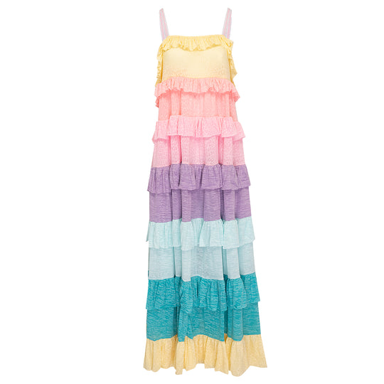 Load image into Gallery viewer, Rainbow Ruffle Tiered Dress Pastels
