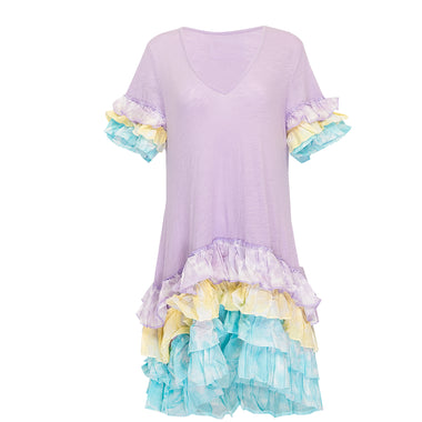 Close-up of the ruffle details on the bohemian ruffle T-shirt dress