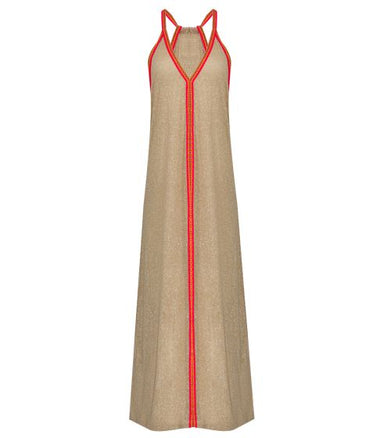 Detail shot of unique Inca trim on beige sleeveless beach dress