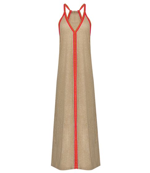 Detail shot of unique Inca trim on beige sleeveless beach dress