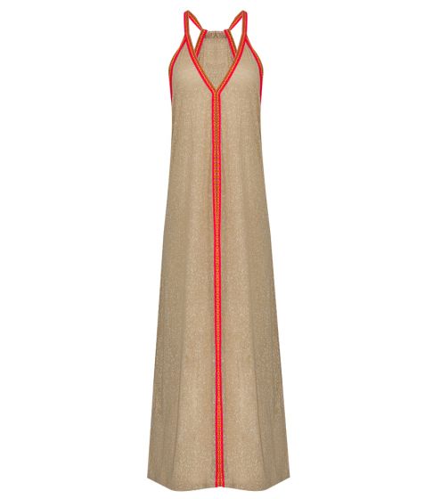Load image into Gallery viewer, Detail shot of unique Inca trim on beige sleeveless beach dress

