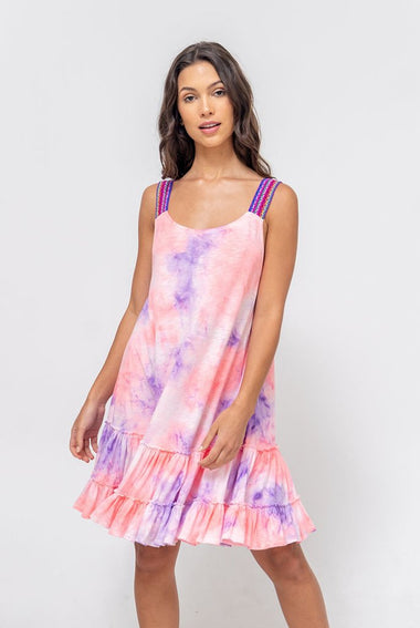 Tie Dye Gathered Mini Dress Coral/Purple - Dress