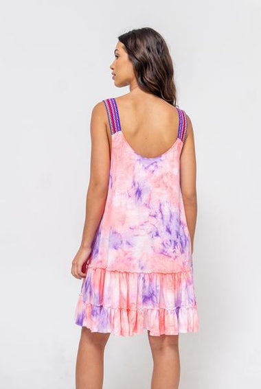 Tie Dye Gathered Mini Dress Coral/Purple - Dress