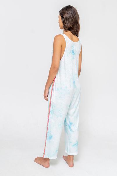 Side view of Light Blue Jumpsuit with embroidered Inca trim