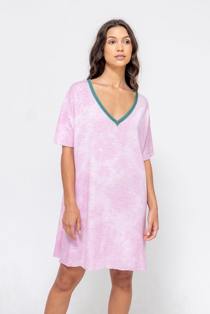 Model showcasing Pink Tie Dye Beach Cover Up