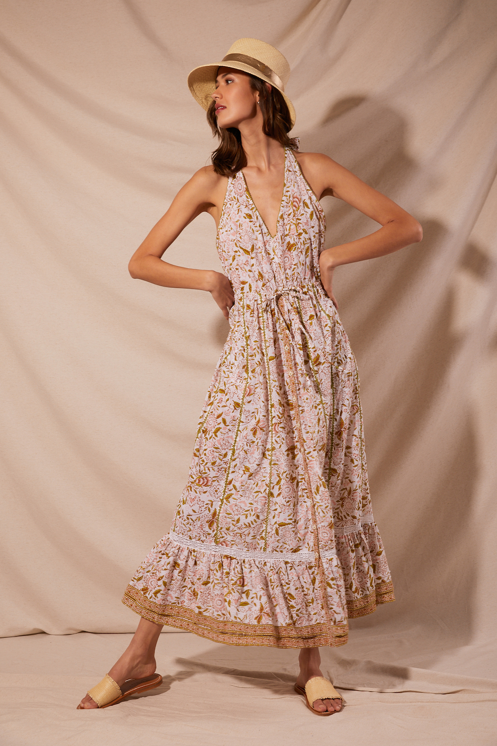Load image into Gallery viewer, Long Dress Carine Green Menton Cottton - Dress
