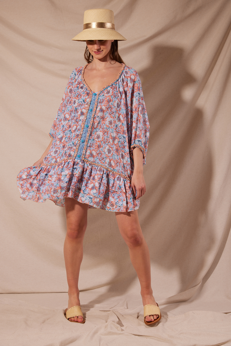 Load image into Gallery viewer, Poncho Bobo Aqua Dalia Cotton Mousseline - O/S - Kaftan
