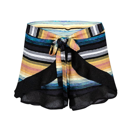 Striped Frill Short In Drop Stitch Knit With Ties Coral/Yellow - Shorts
