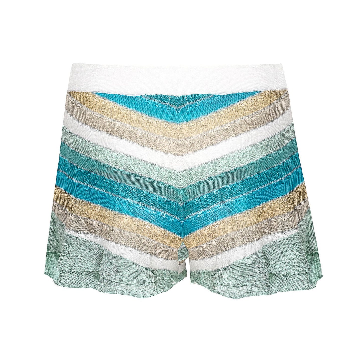 Load image into Gallery viewer, Striped Frill Shorts In Drop Stitch Knit With Front Ties White/MInt
