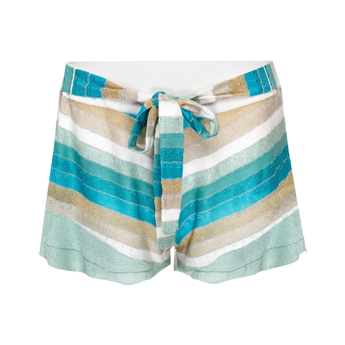 Striped Frill Shorts In Drop Stitch Knit With Front Ties White/MInt