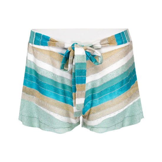 Load image into Gallery viewer, Striped Frill Shorts In Drop Stitch Knit With Front Ties White/MInt
