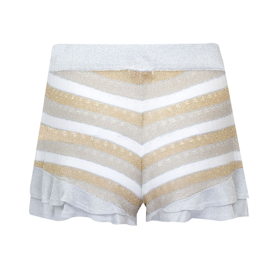 Load image into Gallery viewer, Drop Stitch Knit Frill Shorts: Triple Tone with Front Ties
